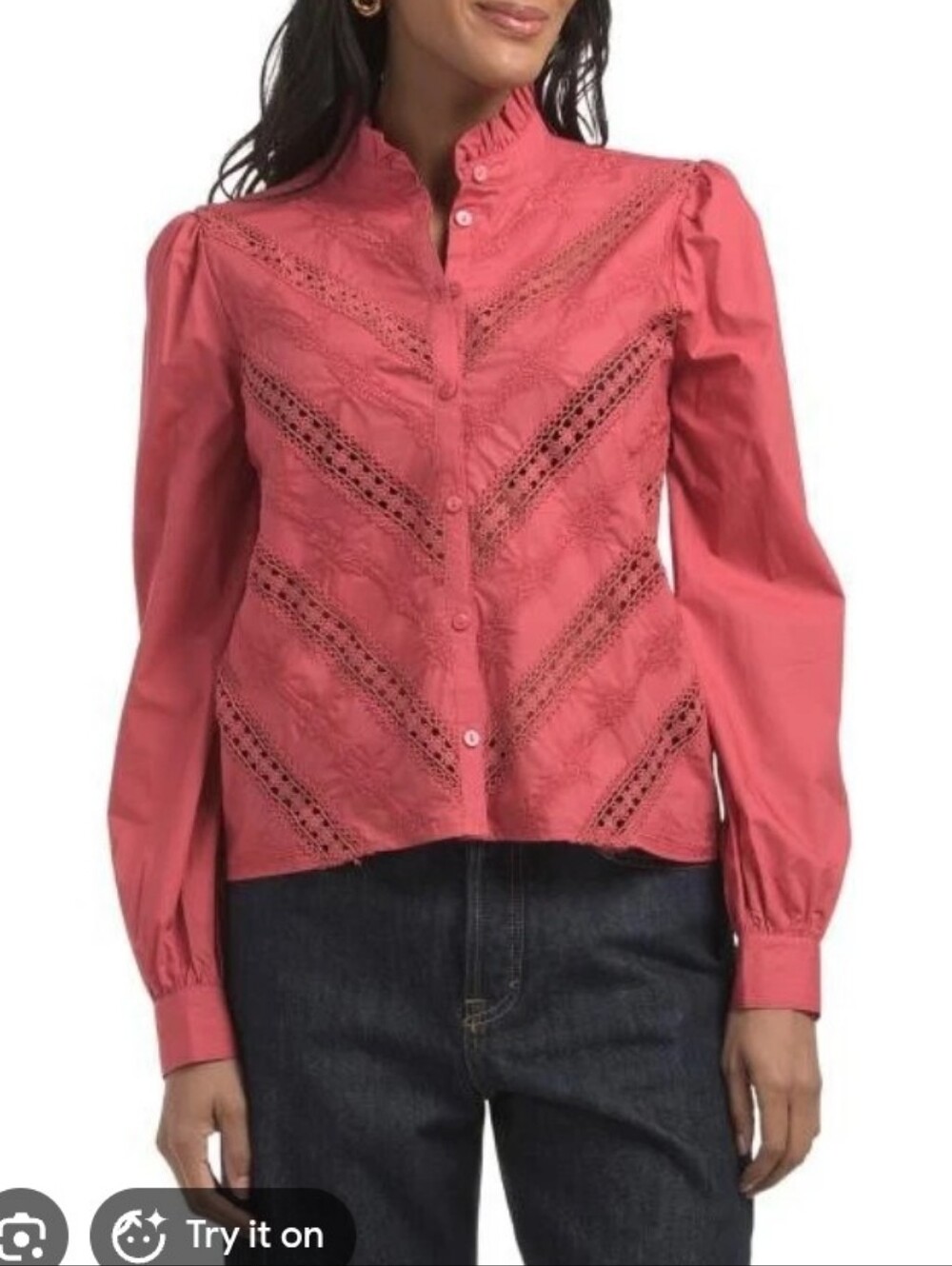 Magaschoni Pink Lace Chevron Button-Front Shirt